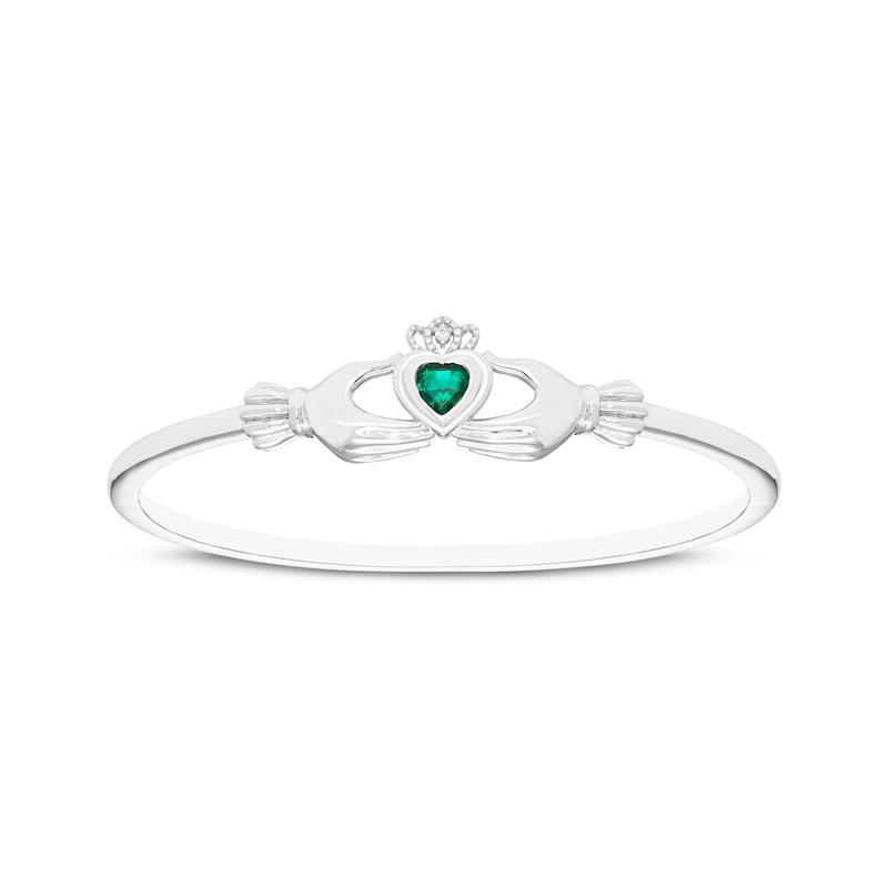 Main Image 1 of Heart-Shaped Lab-Created Emerald & White Lab-Created Sapphire Claddagh Bangle Bracelet Sterling Silver