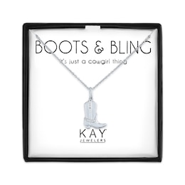 Cowgirl Boot Necklace with Diamond Accents Sterling Silver 18"