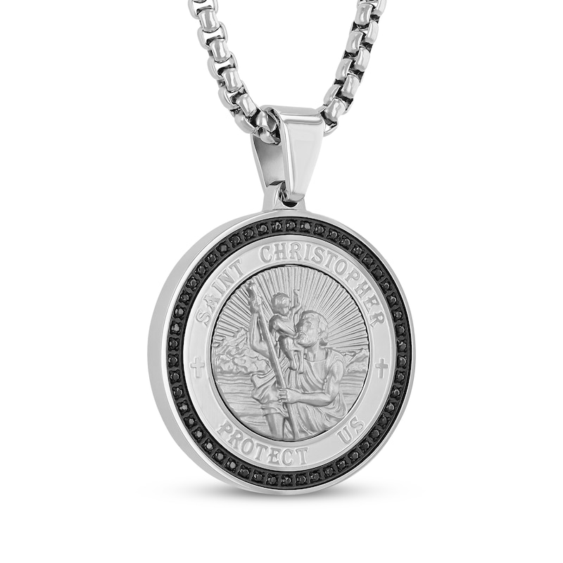 Main Image 2 of Men's Black Diamond Saint Christopher Medallion Necklace 1/4 ct tw Stainless Steel & Black Ion Plating 24"