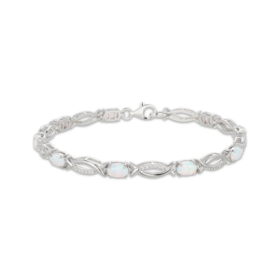 Oval-Cut Lab-Created Opal & White Lab-Created Sapphire Link Bracelet Sterling Silver 7.25"