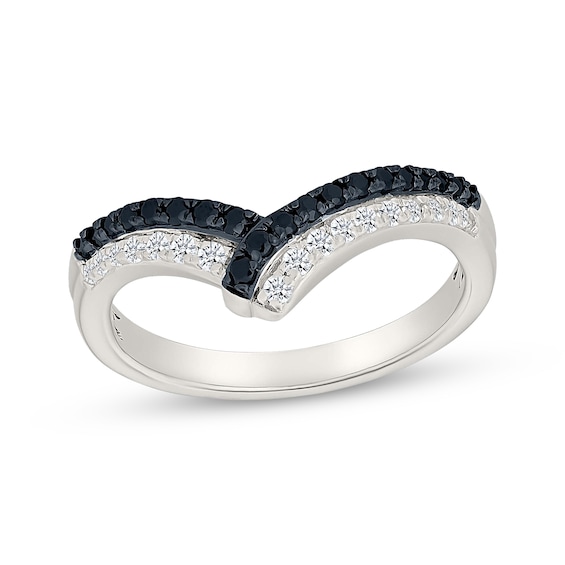 Black & White Diamond Overlapping Chevron Ring 1/3 ct tw Sterling Silver
