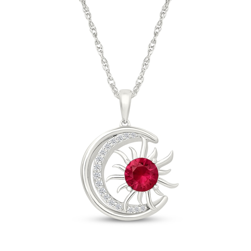 Main Image 1 of Lab-Created Ruby & White Lab-Created Sapphire Crescent Moon & Sun Necklace Sterling Silver 18"