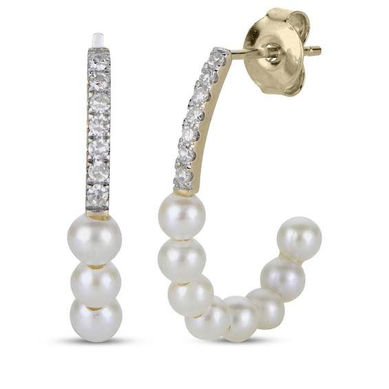 Cultured Pearl & Diamond J-Hoop Earrings 1/10 ct tw 10K Yellow Gold