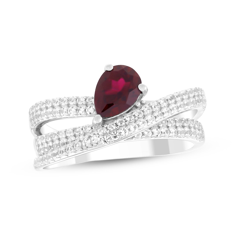 Main Image 1 of Pear-Shaped Lab-Created Ruby & White Lab-Created Sapphire Crossover Ring Sterling Silver
