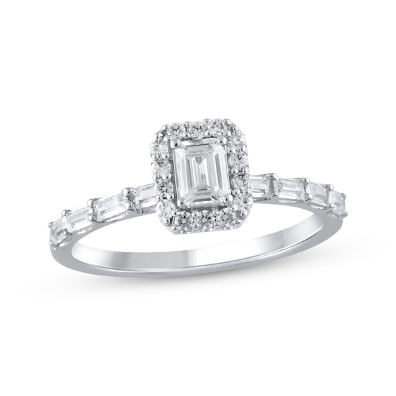 Now + Forever Emerald-Cut Lab-Grown Diamond Halo Engagement Ring 3/4 ct tw 10K White Gold