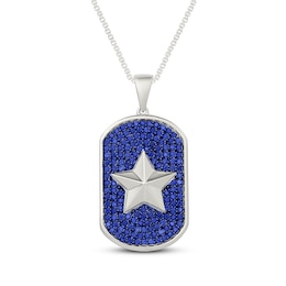 Men's Blue Lab-Created Sapphire Dog Tag Star Necklace Sterling Silver 22"