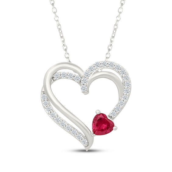 Heart-Shaped Lab-Created Ruby & White Lab-Created Sapphire Necklace Sterling Silver 18"