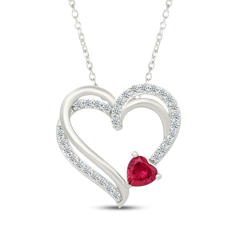 Main Image 1 of Heart-Shaped Lab-Created Ruby & White Lab-Created Sapphire Necklace Sterling Silver 18"