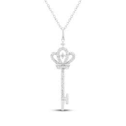 Diamond Crown-Topped Key Necklace 1/5 ct tw Sterling Silver 18"