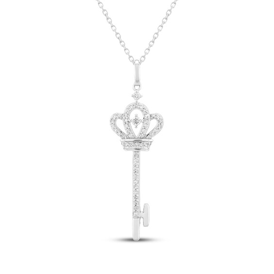 Diamond Crown-Topped Key Necklace 1/5 ct tw Sterling Silver 18"