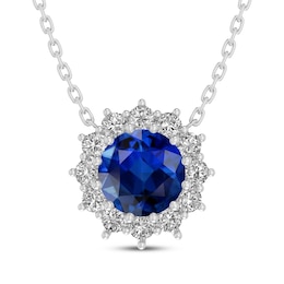 Blue & White Lab-Created Sapphire Halo Necklace Sterling Silver 18"