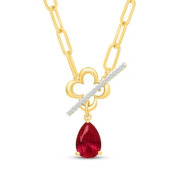 Pear-Shaped Lab-Created Ruby & White Lab-Created Sapphire Clover Toggle Paperclip Necklace 24K Yellow Gold Vermeil Sterling Silver 18"