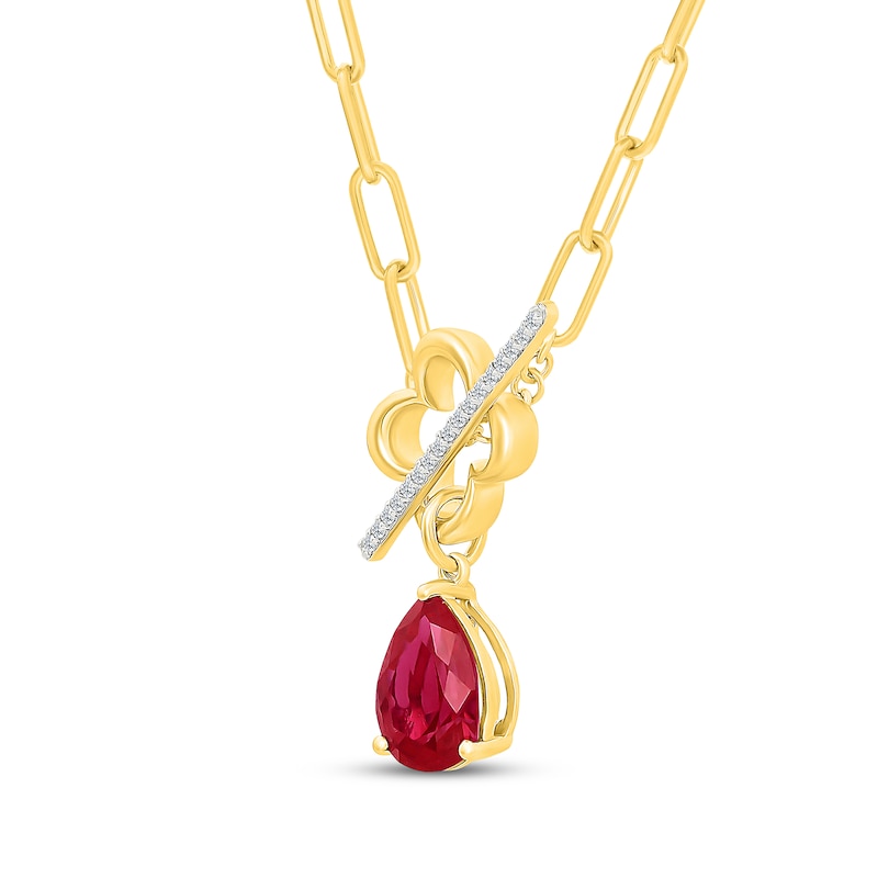 Main Image 2 of Pear-Shaped Lab-Created Ruby & White Lab-Created Sapphire Clover Toggle Paperclip Necklace 24K Yellow Gold Vermeil Sterling Silver 18"