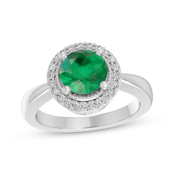 Lab-Created Emerald & White Lab-Created Sapphire Halo Fashion Ring Sterling Silver
