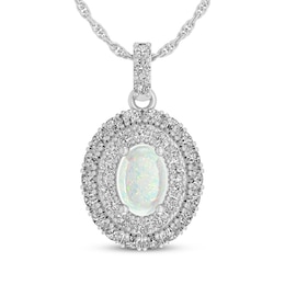 Oval-Cut Lab-Created Opal & White Lab-Created Sapphire Double Halo Necklace Sterling Silver 18"