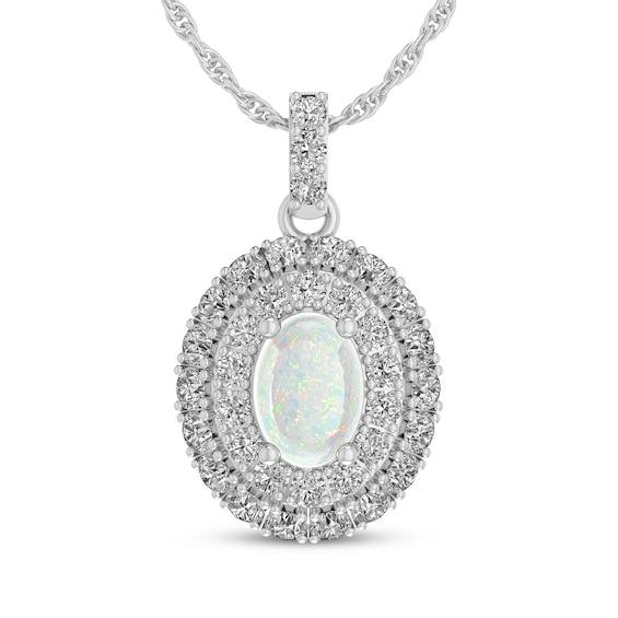 Oval-Cut Lab-Created Opal & White Lab-Created Sapphire Double Halo Necklace Sterling Silver 18"