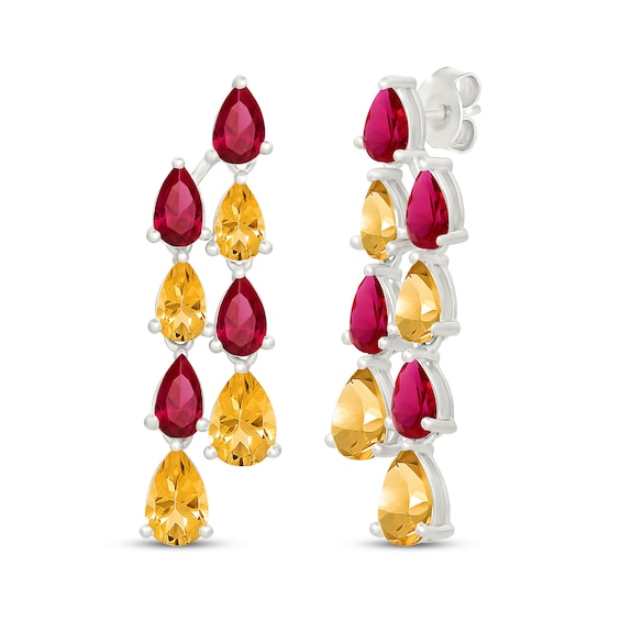Pear-Shaped Natural Citrine & Lab-Created Ruby Double-Dangle Earrings Sterling Silver