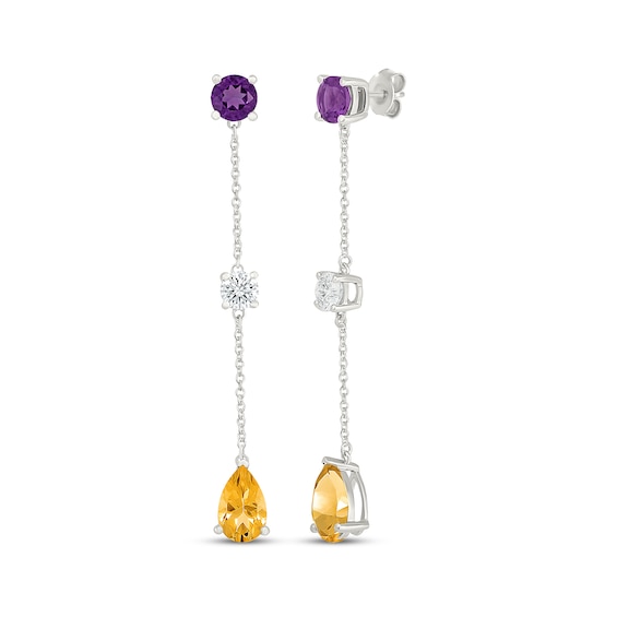 Pear-Shaped Natural Citrine, Natural Amethyst & White Lab-Created Sapphire Chain Drop Earrings Sterling Silver