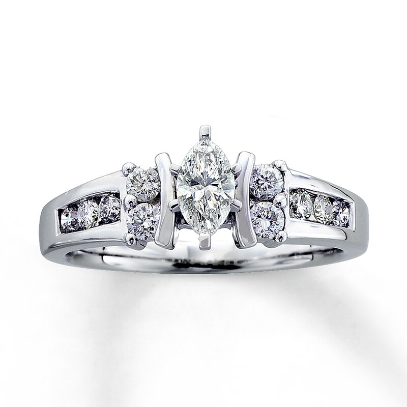 Main Image 1 of Previously Owned Engagement Ring 3/4 ct tw Marquise & Round-cut Diamonds 14K White Gold