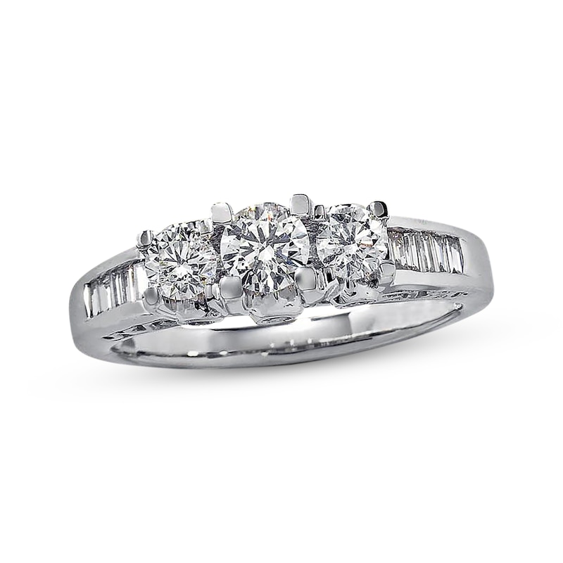 Main Image 1 of Previously Owned 3-Stone Diamond Engagement Ring 1 ct tw Round & Baguette-cut 14K White Gold