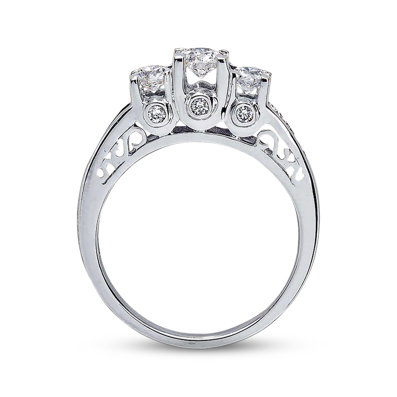 Main Image 2 of Previously Owned 3-Stone Diamond Engagement Ring 1 ct tw Round & Baguette-cut 14K White Gold