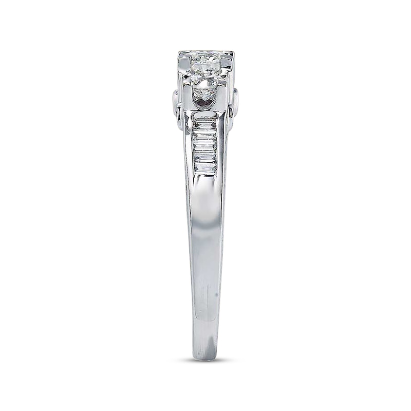 Main Image 3 of Previously Owned 3-Stone Diamond Engagement Ring 1 ct tw Round & Baguette-cut 14K White Gold