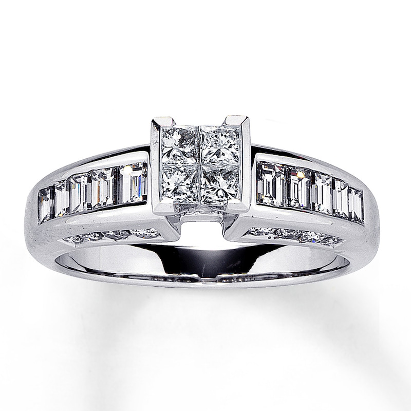 Main Image 1 of Previously Owned Diamond Engagement Ring 1 ct tw Princess, Baguette & Round-cut 14K White Gold