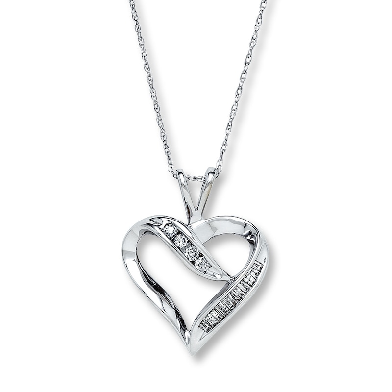 Previously Owned Diamond Heart Necklace 1/4 ct tw Round & Baguette-cut 10K White Gold