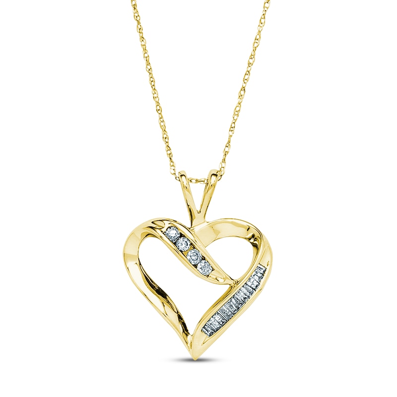 Main Image 1 of Previously Owned Diamond Heart Necklace 1/4 ct tw Round & Baguette-cut 10K Yellow Gold