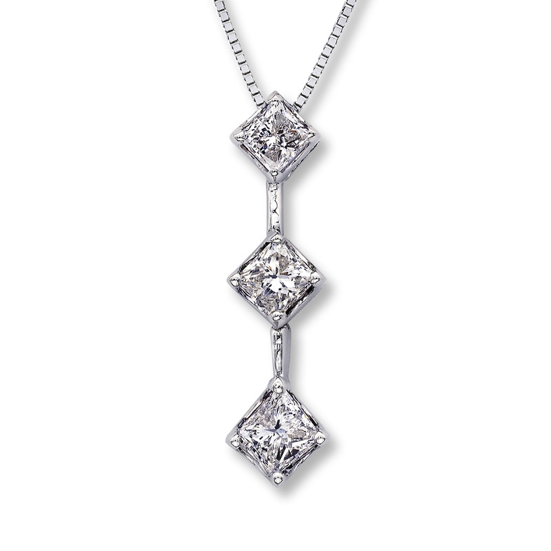 Main Image 1 of Previously Owned 3-Stone Diamond Necklace 1 ct tw Princess-cut 14K White Gold 17"