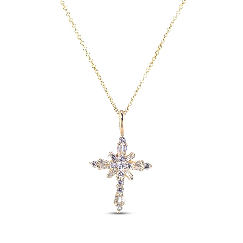 Main Image 1 of Previously Owned Diamond Cross Necklace 1/2 ct tw Round & Baguette 14K Yellow Gold