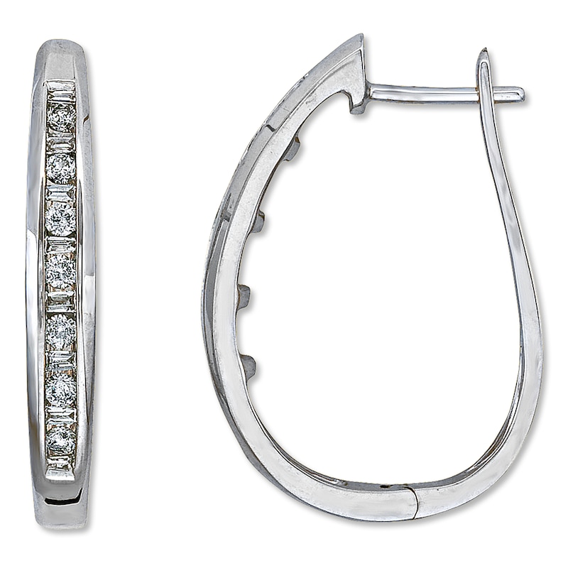 Main Image 1 of Previously Owned Diamond Hoop Earrings 1/2 ct tw Round & Baguette 14K White Gold