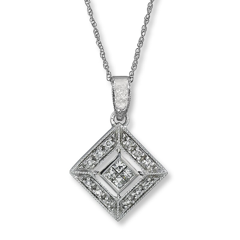 Main Image 1 of Previously Owned Diamond Necklace 1/4 ct tw Round & Princess-Cut 14K White Gold 18"