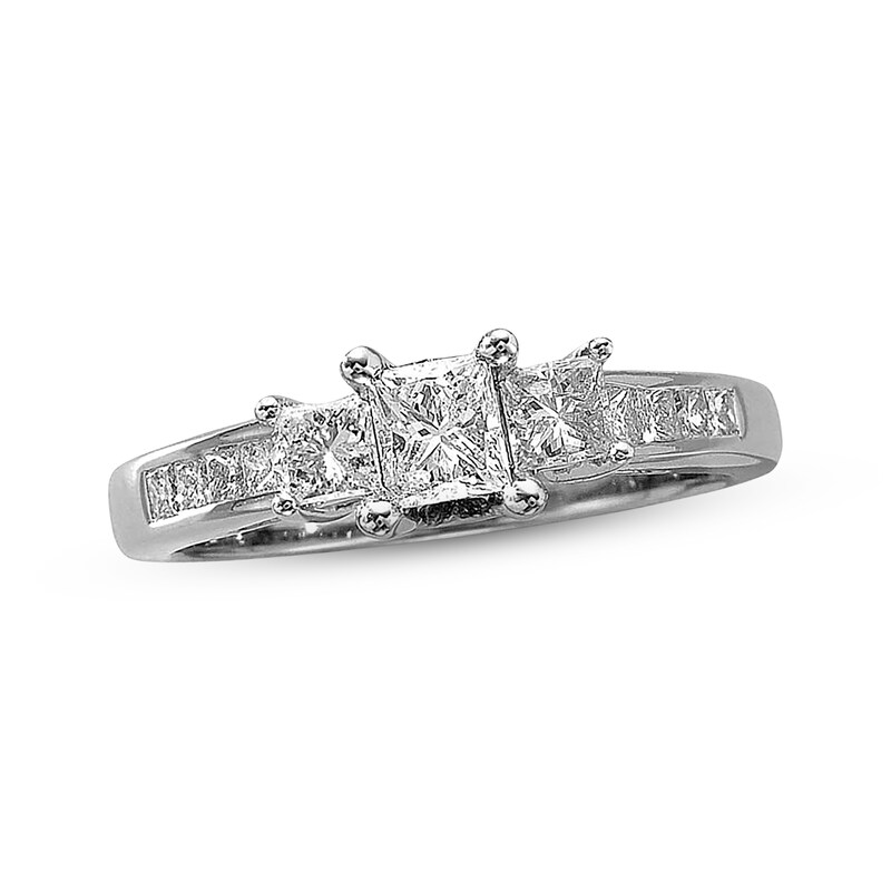Main Image 1 of Previously Owned Diamond Three-Stone Engagement Ring 1 ct tw Princess-cut 14K White Gold