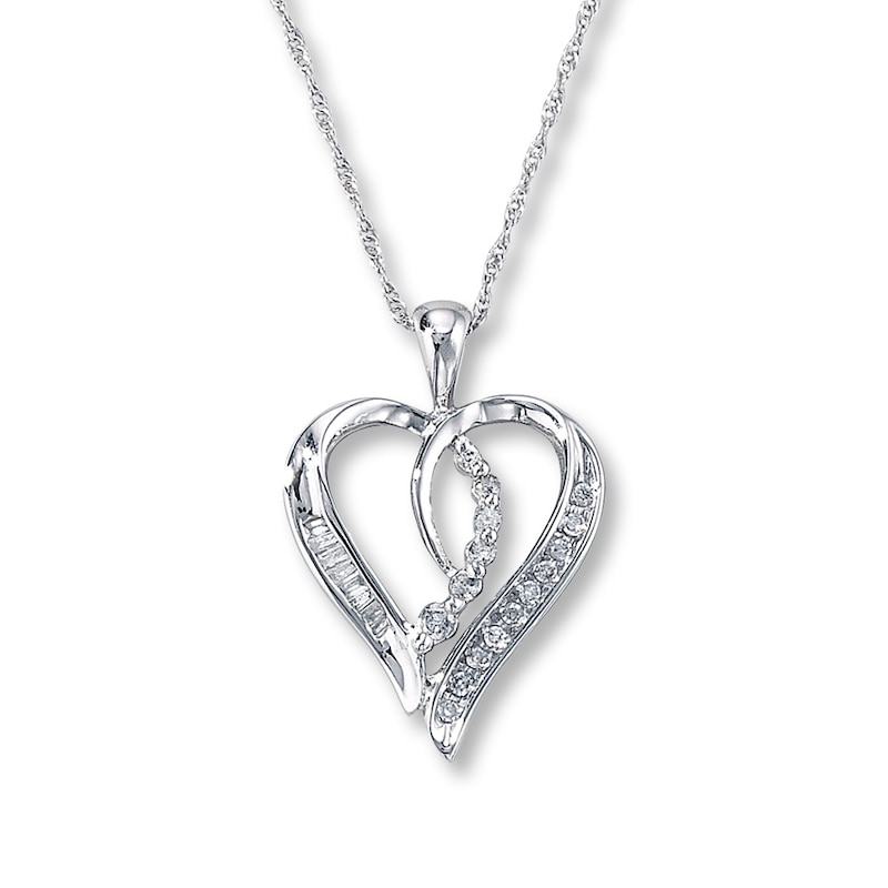 Main Image 1 of Previously Owned Diamond Heart Necklace 1/6 ct tw Baguette & Round 10K White Gold 18"