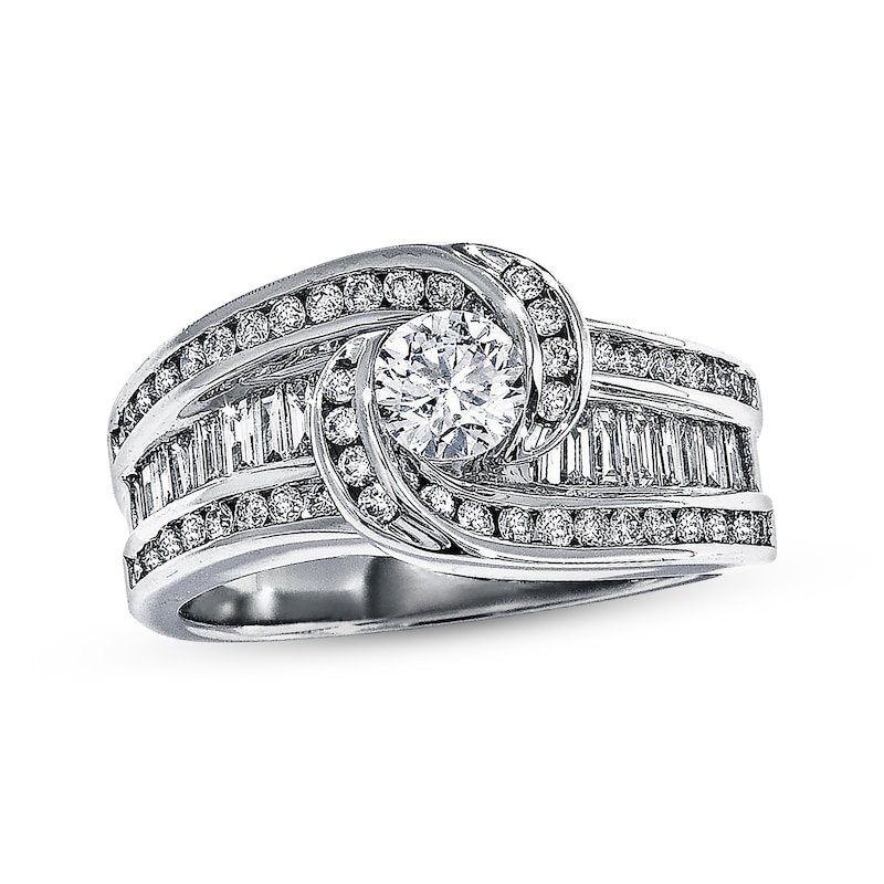Main Image 1 of Previously Owned Diamond Ring 1-3/8 ct tw Round/Baguette-cut 14K White Gold