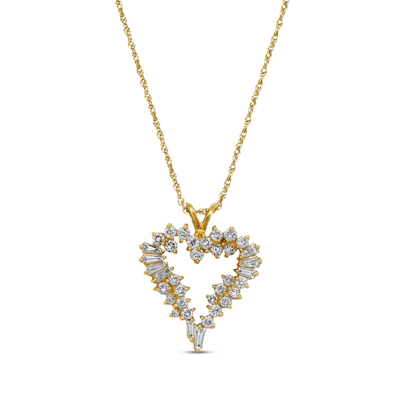 Main Image 1 of Previously Owned Heart Necklace 2 cttw Diamonds Round & Baguette-Cut 14K Yellow Gold