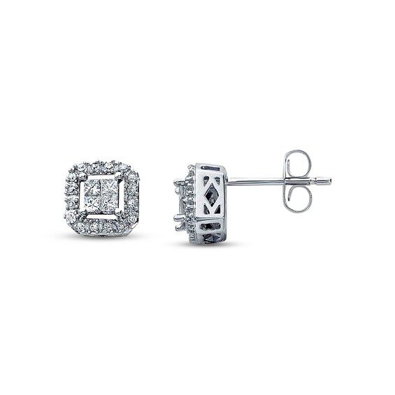 Previously Owned Diamond Stud Earrings 1/4 ct tw Round & Princess-cut 14K White Gold