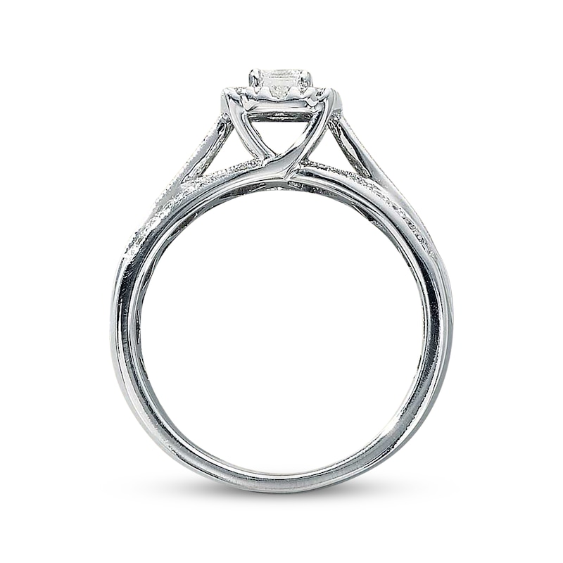 Main Image 2 of Previously Owned Diamond Engagement Ring 1 ct tw Emerald & Round-cut 14K White Gold