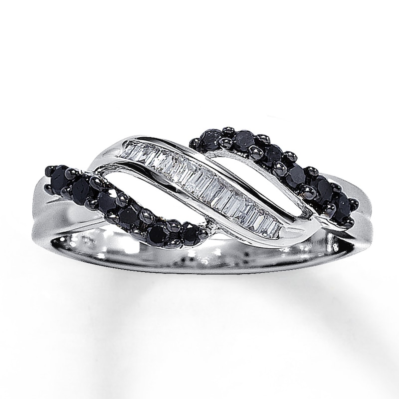 Main Image 1 of Previously Owned Black & White Diamond Ring 1/3 ct tw Baguette/Round 10K White Gold