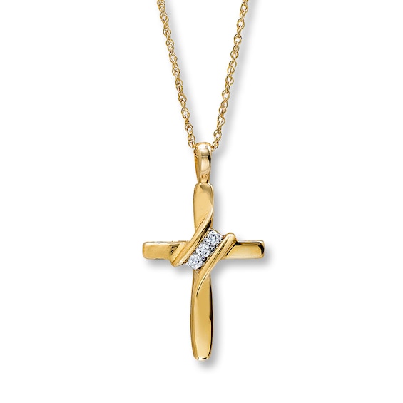 Previously Owned Diamond Cross Necklace 1/20 ct tw Round-Cut 10K Yellow Gold