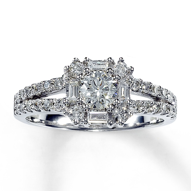 Main Image 1 of Previously Owned Diamond Engagement Ring 1 ct tw Round & Baguette 14K White Gold