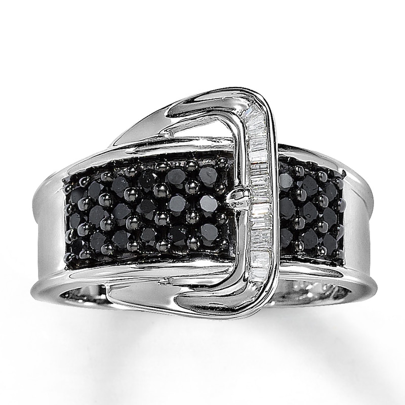 Main Image 1 of Previously Owned Black & White Diamond Belt Buckle Ring 1/2 ct tw 14K White Gold