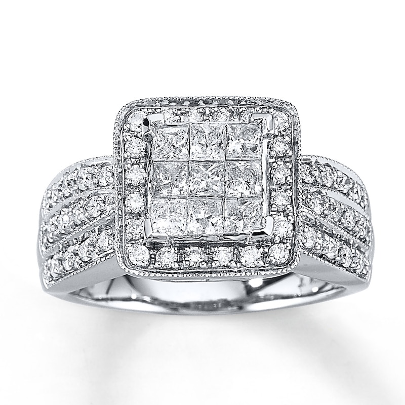 Main Image 1 of Previously Owned Engagement Ring 1 ct tw Princess & Round-cut Diamonds 14K White Gold