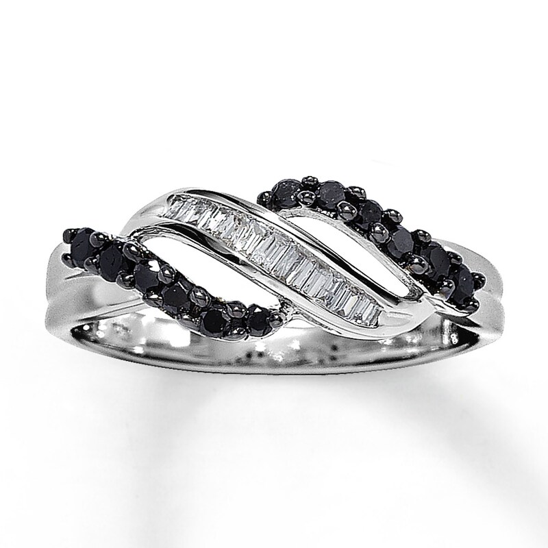 Main Image 1 of Previously Owned Black & White Diamond Ring 1/3 ct tw Baguette & Round 10K White Gold