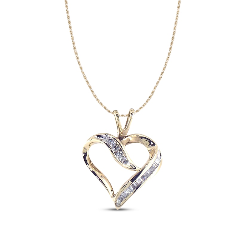 Previously Owned Diamond Heart Necklace 1/4 ct tw Round & Baguette-Cut 10K Yellow Gold 18"