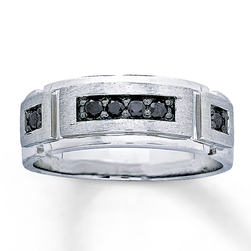 Main Image 1 of Previously Owned Men's Black Diamond Wedding Band 1/4 ct tw Round-cut 10K White Gold