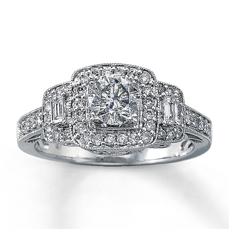 Main Image 1 of Previously Owned Three-Stone Diamond Ring 2 ct tw Round/Baguette-cut 14K White Gold