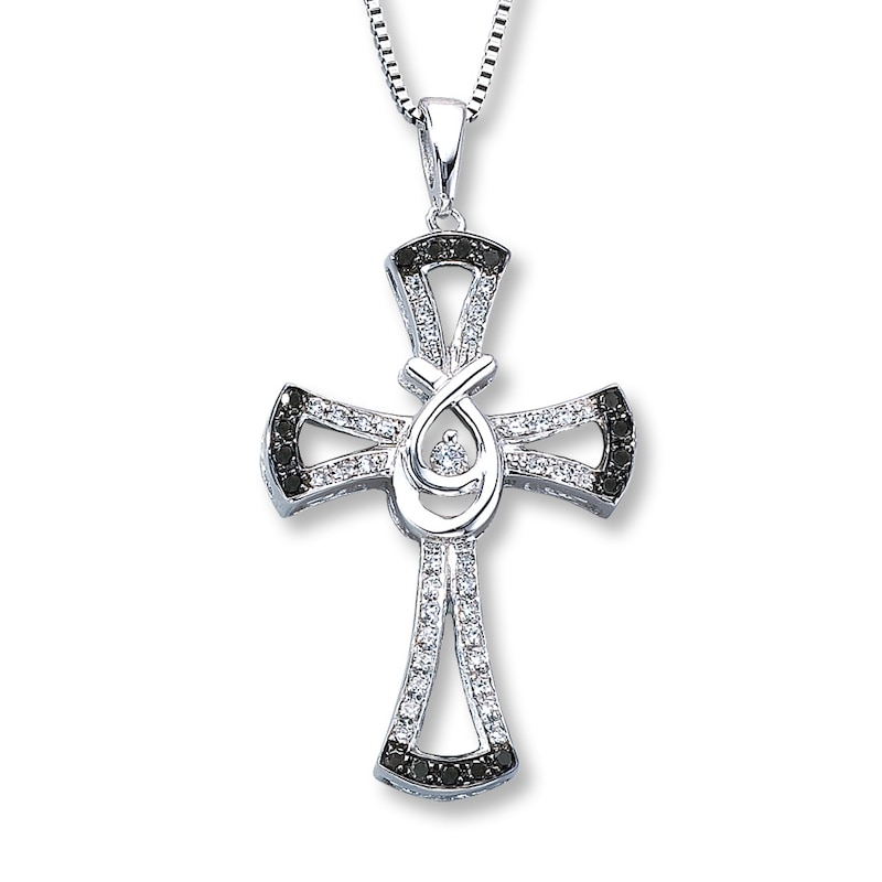 Main Image 1 of Previously Owned Cross Necklace Black/White Diamonds Sterling Silver