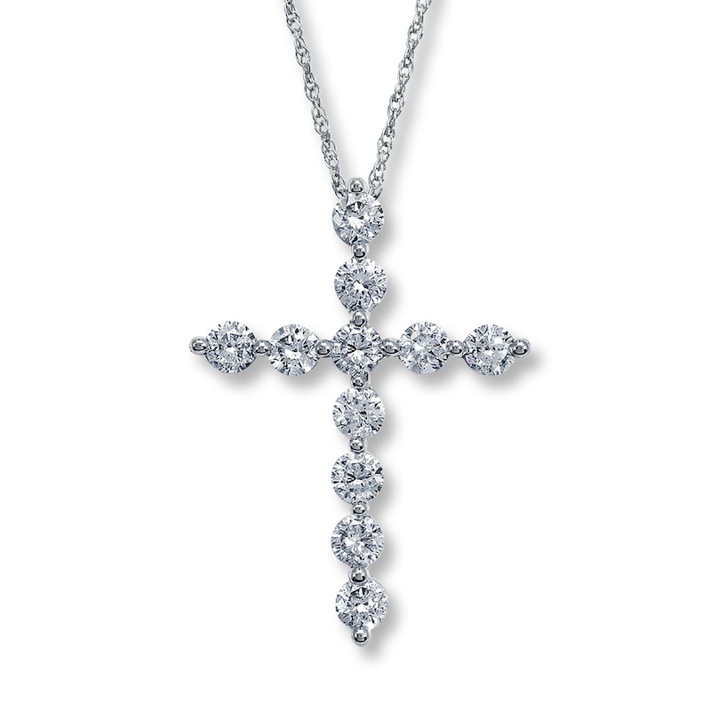 Main Image 1 of Previously Owned Diamond Cross Necklace 7/8 ct tw Round-Cut 14K White Gold 18"